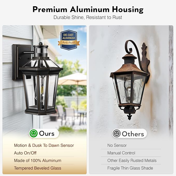 VIANIS Motion Sensor Exterior Light Fixture, 2 Pack Dusk to Dawn Outdoor Light Wall Mount, Anti-Rust Aluminum Outside House Lights, Farmhouse Coach Lantern for Porch, Entryway, Garage, Front Door