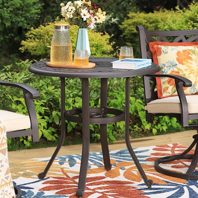PHI VILLA 3-Piece Patio Bistro Set, 32" Round Cast Aluminum Table, Bronze | Swivel Chairs, Cushions Chairs, Umbrella Hole