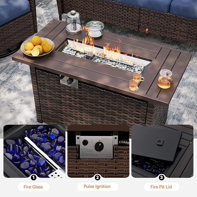Aoxun Luxury 8-Piece Patio Furniture Set with 44'' Fire Pit Table, Wicker Rattan Sofa with Thick Cushion, Outdoor Conversation Set for Backyard, Poolside & Garden, Brown/Navy Blue
