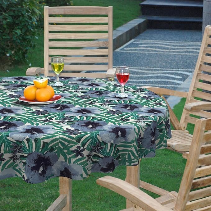 DYTXIII Outdoor Round Tablecloth with Umbrella Hole 60 Inch, Water Repellent & Fade Resistant Table Cover, All Weather Outdoor Tablecloth for Garden & Party Table, Blue Salmone Tropical