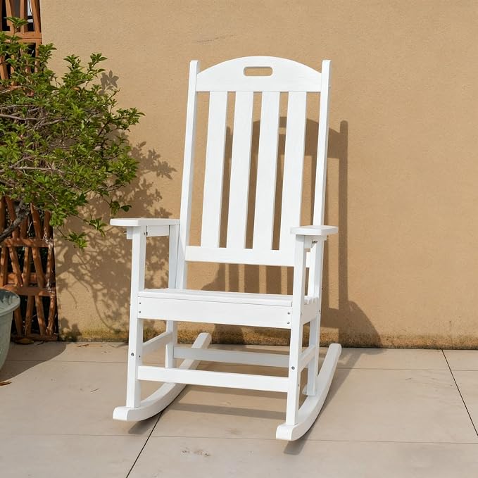 Wooden Rocking Chairs Outdoor, High Back and Armrest Porch Chair, All Weather Porch Rockers, for Porch/Garden/House Use.（White）