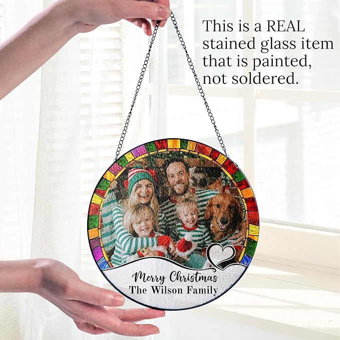 Personalized Stained Glass Christmas Suncatcher – Custom Family Photo Window Decor – First from Mom and Dad – Merry Christmas Family Ornament Keepsake