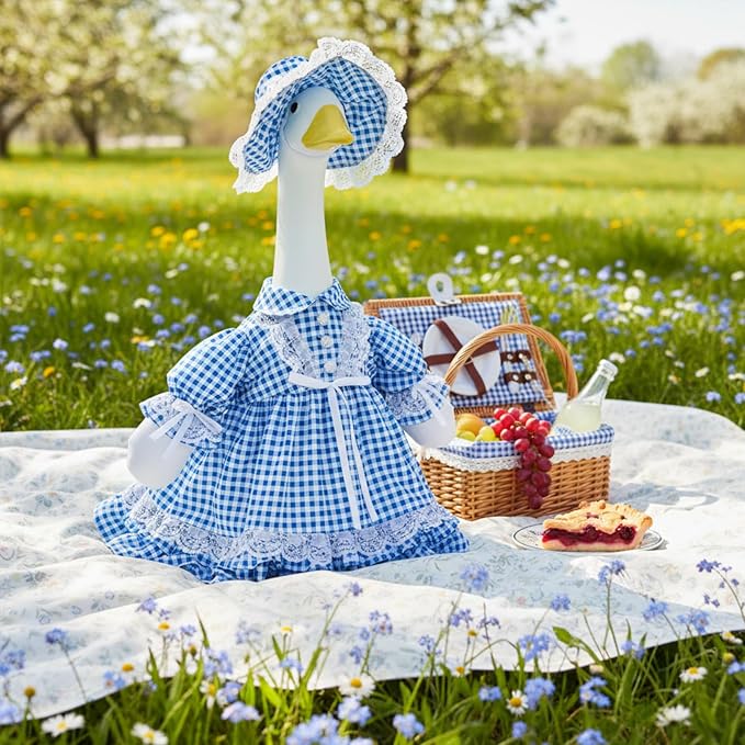Soulchen 1 Set Summer Blue Plaid Porch Goose Outfit 23 Inch Cement Goose Clothes Dress and Hat Costume Set for Summer Holiday Lawn Garden Yard Decor
