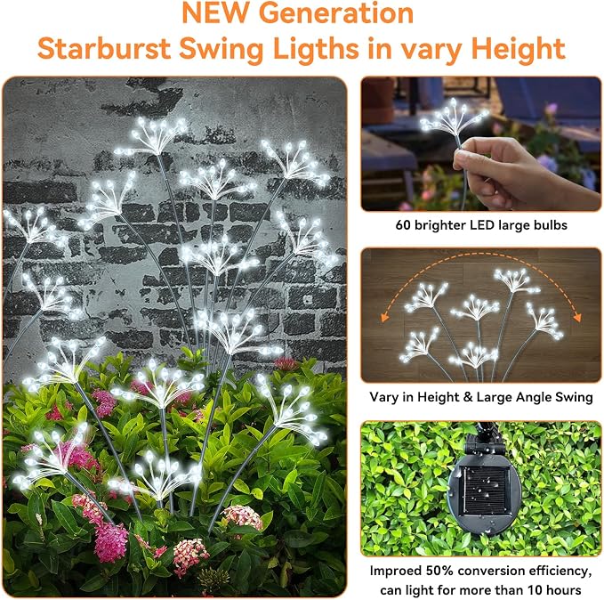 Solar Garden Lights 2 Pack Waterproof Solar Swaying Starburst Light Outdoor Lights for Yard Patio Walkway Pathway Party Wedding Christmas Decoration, White