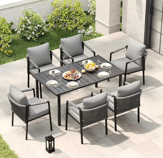 Patio Dining Set 7-Piece Woven Rope Rattan Dining Table and Chairs Set | Outdoor Metal Woven Wicker Rope Chairs with Cushions, All-Weather PE Rattan Outdoor Dining Set for Lawn Garden