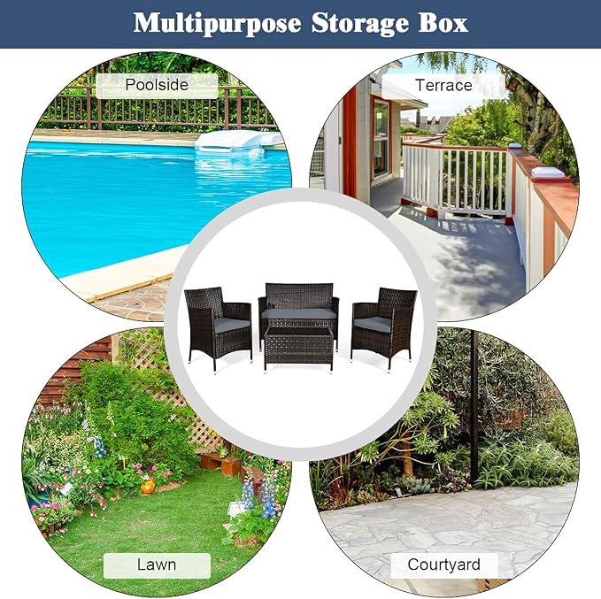 COSTWAY 8PCS Rattan Patio Furniture Set | Outdoor Wicker Rattan Chairs with Coffee Table, Rattan Cushioned Conversation Set for Backyard Balcony Poolside, Grey