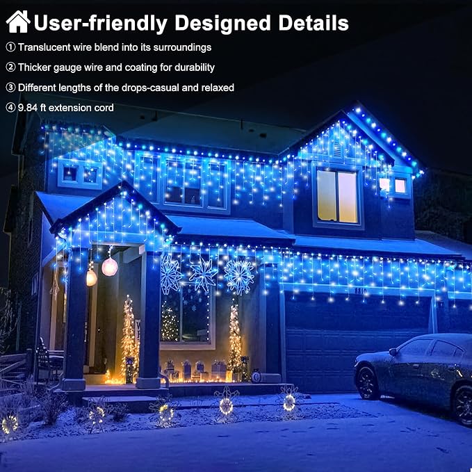 Blue and White Christmas Lights 66ft 640 LED Icicle Lights for Outside | Clear Wire Connectable Twinkle Lights with 8 Modes Timer Waterproof for House Window Party Tree Holiday Patio Yard Home Decor