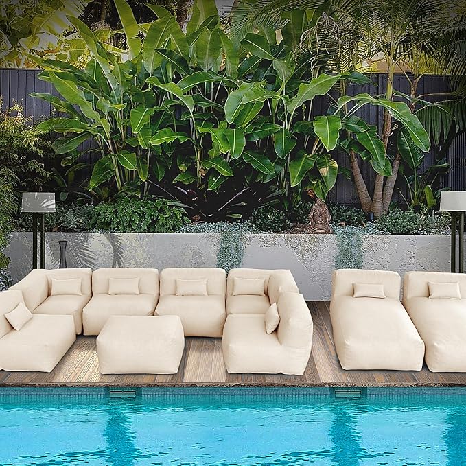 Patio Conversation Set Bean Bag Eraclea 9C Outdoor Chairs Sectional Daybed Furniture Outdoor Sofa Couch High Density Foam Filling Modern Comfy Patio Couch (Light Beige)