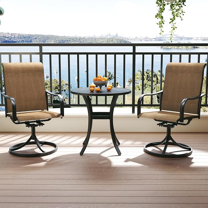 Anmutig 3-Piece Outdoor Patio Dining Set, 27.5" Black Round Table with 2 Swivel Rocking Patio Chairs Furniture Set for Kitchen Garden, Backyard, Brown