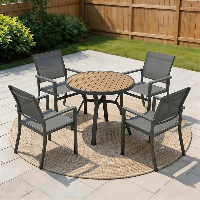 FansaFurn Patio Table and Chairs Set for 4, Outdoor Patio Furniture Set with Metal Textilene Chairs and Aluminum Table, All-Weather Outdoor Dining Set with HDPS Round Tabletop for Patio Porch