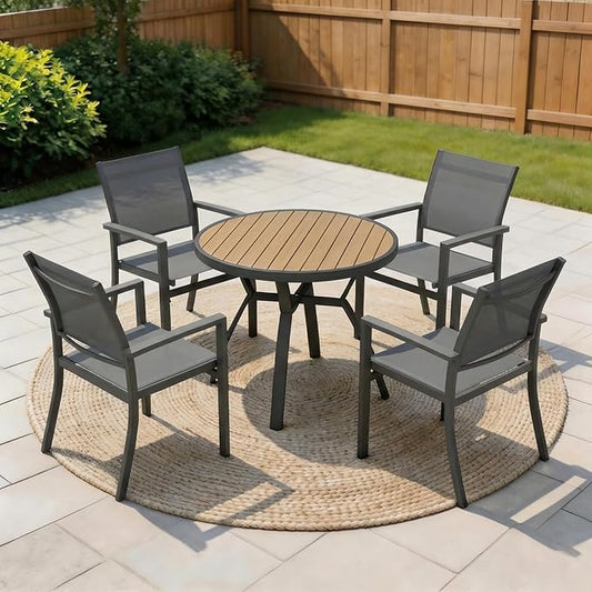 FansaFurn Patio Table and Chairs Set for 4, Outdoor Patio Furniture Set with Metal Textilene Chairs and Aluminum Table, All-Weather Outdoor Dining Set with HDPS Round Tabletop for Patio Porch