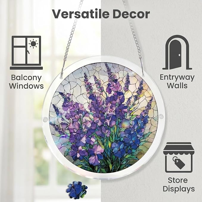 Acrylic Puzzle Suncatcher, Stained Glass Suncatcher Window Hanging, DIY Sun Catcher Kits for Adults, Home Decor Gift for Women, Friends 7.4in (Violet Flowers)