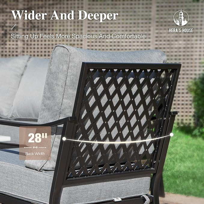 HERA'S HOUSE 6 Piece Metal Patio Furniture Set, All Weather Outdoor Conversation Set with 3-Seat Sofa, 4 Fixed Chairs & Coffee Table, 7 Seats for Backyard, Garden, Deck, Grey