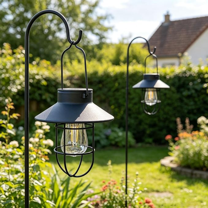 4 Pack Hanging Solar Lantern Lights with Shepherd Hook, Metal Waterproof Warm White Edison Bulb Lights for Garden Outdoor Pathway