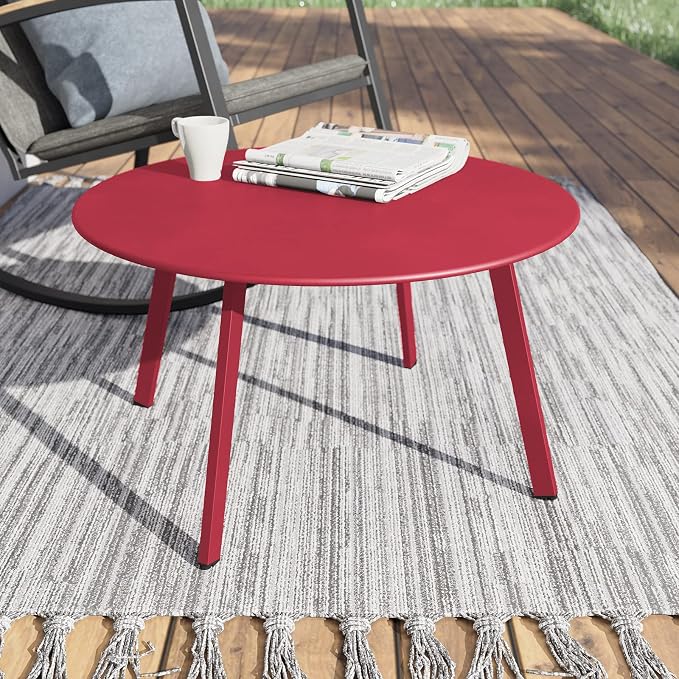 Grand patio Outdoor Side Table, 28-inch Powder Coated Steel Round Coffee Table for Porch, Deck, Balcony, Poolside, Dark Red