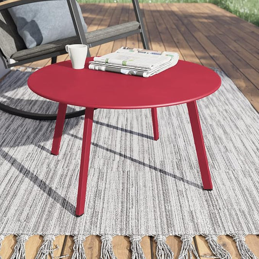 Grand patio Outdoor Side Table, 28-inch Powder Coated Steel Round Coffee Table for Porch, Deck, Balcony, Poolside, Dark Red