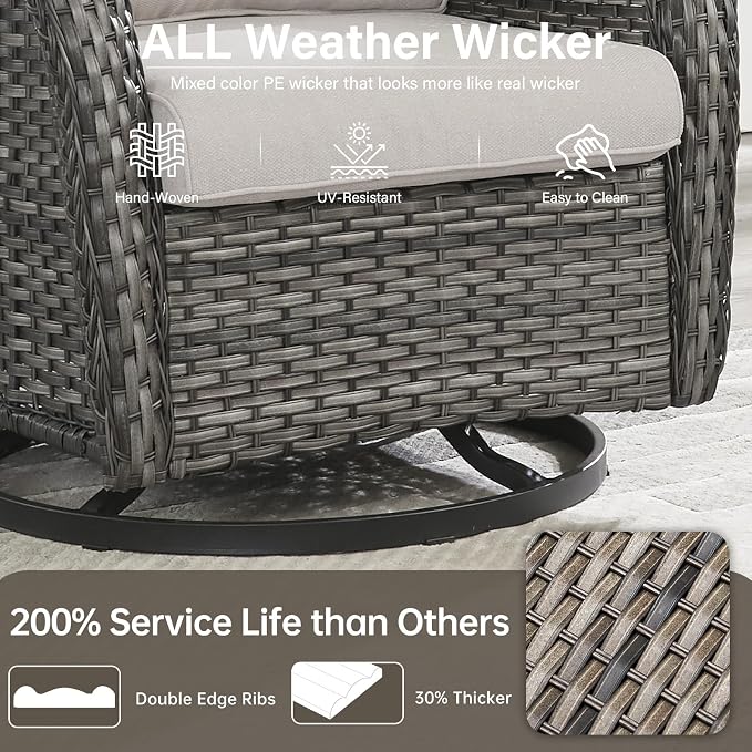 Outdoor Swivel Rocker Patio Chairs Set of 4-5" Thick Cushion 4 Piece Furniture Set All Weather Comfortable Wicker Conversation Set for Porch Poolside and Deck - Gray/Beige