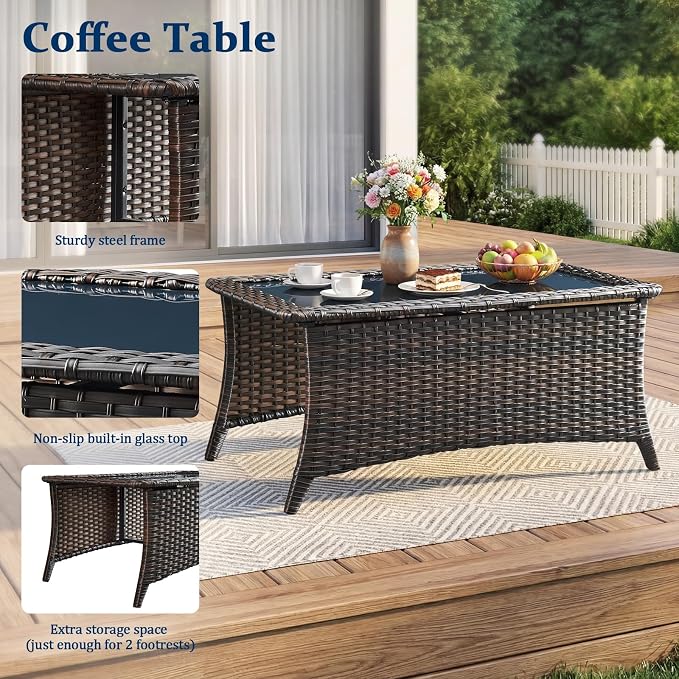 Outdoor Swivel Rocking Chair Patio Set (7-Piece), High-Back - Thick Cushion Swivel Rocking Chair Patio Set, All-Weather Wicker Patio Furniture Set, Suitable for Balcony Patios, Brown/Beige