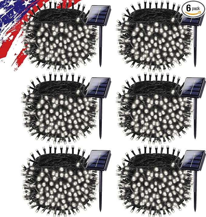 KAQ 6pack 600LED Solar String Lights Outdoor Waterproof Cool White | Total 198FT Flexible Wire With Bright LEDs, 8 Twinkle Modes with Memory, Auto On/Off Easily Decorates Trees, Fences, Garden
