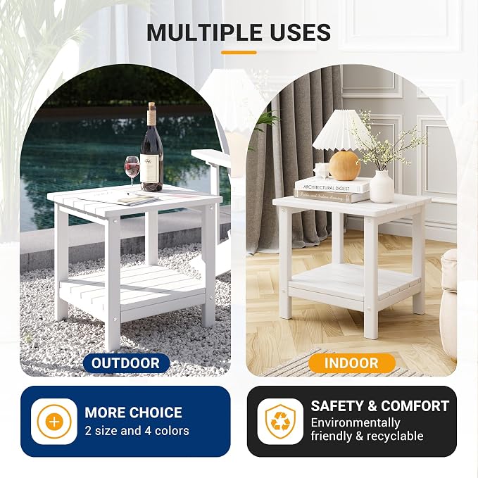 UDPATIO 2-Tier Side Table, 19x16x17.8 in, White, Adirondack End Table, Indoor & Outdoor Use