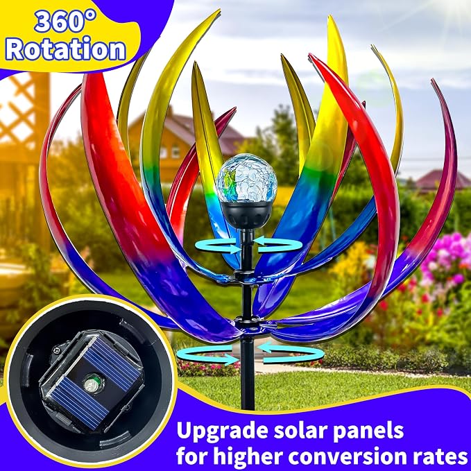 70 in Large Wind Spinners Outdoor, Solar Wind Sculpture, Violet Blue | Metal Windmill with Solar Multi-Color Light, All Weather Decor , Ideal Yard Art for Garden, Backyard, Lawn & Outdoor Decor