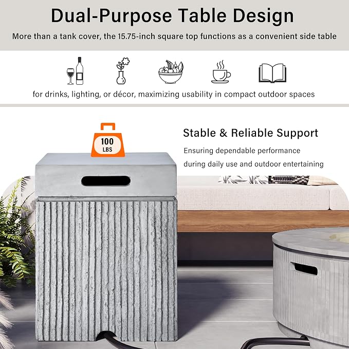 Polibi Outdoor Propane Tank Cover with Square Side Table & Fluted Texture, 100lb Capacity Weather-Resistant Enclosure for Standard 20 lb Tanks, Gray