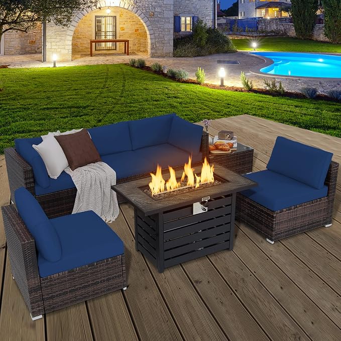Tangkula 7-Piece Outdoor Patio Furniture Set with 42" Propane Fire Pit Table, Outdoor Wicker Conversation Set with Cushions and Tempered Glass Coffee Table, 50,000 BTU Gas Fire Pit Table (Navy)