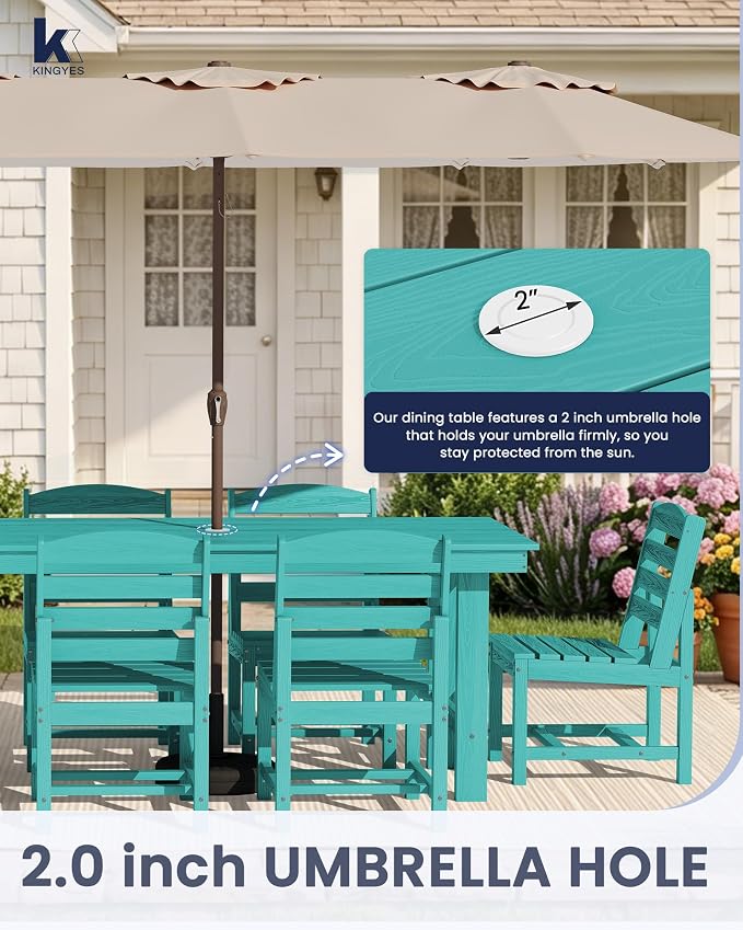 KINGYES 6-Piece Patio Dining Set, HDPE Table, Bench and Armless Chairs Outdoor Furniture Set with Umbrella Hole, Aruba