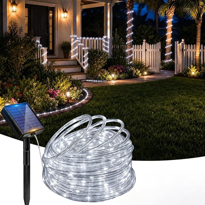 Solar Rope Lights, 33FT 100 LED Solar Fairy Lights with 8 Lighting Modes, IP65 Waterproof Strip Light Outdoor for Garden Yard Patio Deck Fence Tree Party Holiday Decoration, Cold White