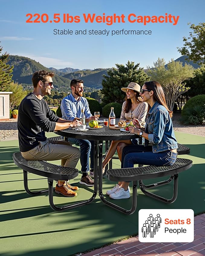 VEVOR Heavy-Duty Picnic Table, Outdoor Furniture Weather Resistant Patio Dining Set, Coated Steel Tables with Umbrella Hole, 46" Round Table and Bench Set, for Garden, Backyard, Porch (Black)