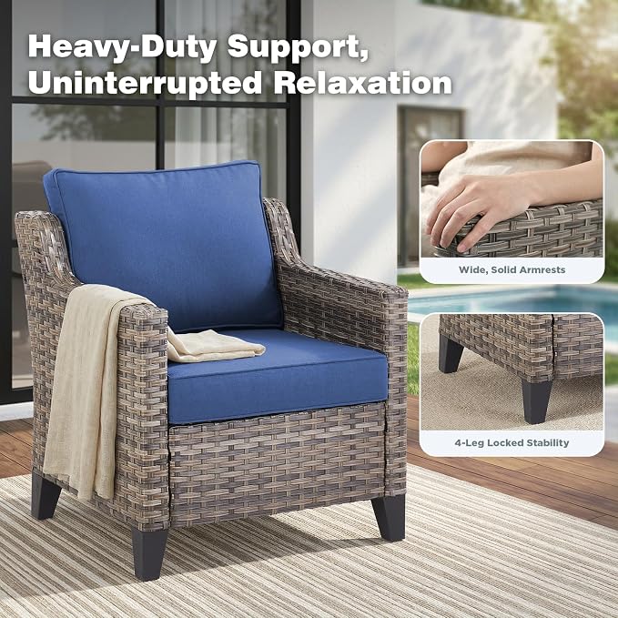 Belord Patio Chairs Set of 2 with 3-Seater Sofa, Outdoor Rattan Chairs for Deck Porch Garden, 6 Piece Luxury Patio Furniture Set, Blue