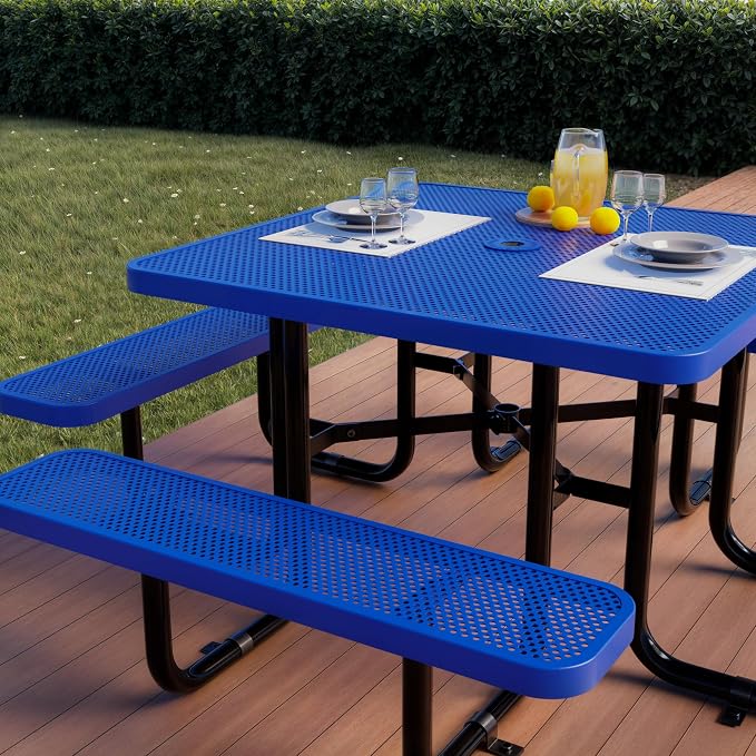 Metal Picnic Tables for Outdoors with Umbrella Hole - Coated Steel Heavy Duty Commercial Grade Furniture (Blue, 46 in, Square, Punched Steel)