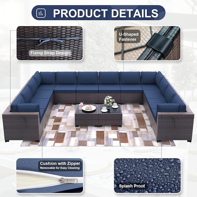 Kurapika 14 Pieces Patio Furniture Set, Rattan Wicker Outdoor Conversation Sets w/4 Inch Cushion and Glass Coffee Table(Navy Blue)