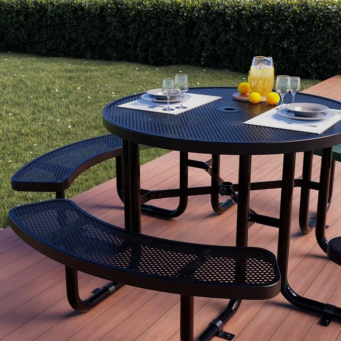 Metal Picnic Tables for Outdoors with Umbrella Hole - Coated Steel Heavy Duty Commercial Grade Furniture Set with Adjustable Seats (Black, 46 in, Round, Punched Steel)
