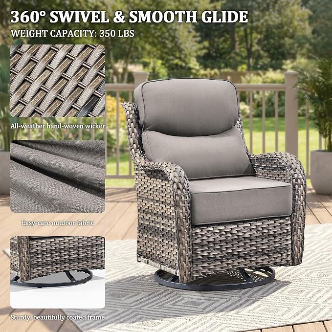 Luxury Swivel Rocker Chairs Fire Pit Set with 6" Thick Cushion 8 piece Wicker Outdoor Patio Chair with Sofa and Side Table,Comfortable High Back Outdoor Patio Furniture Set - Gery | Gery