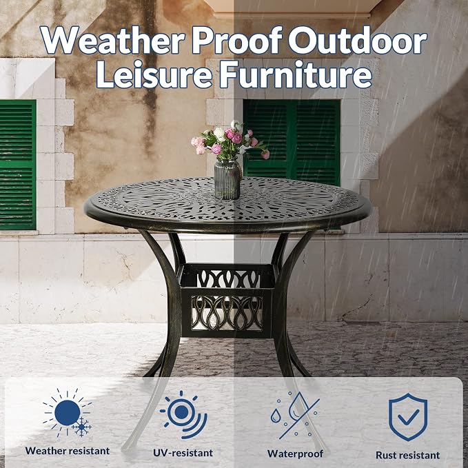 35.4 Inch Outdoor Dining Table Round Patio Table Bronze Cast Aluminum Rustic Large Table with Umbrella Hole