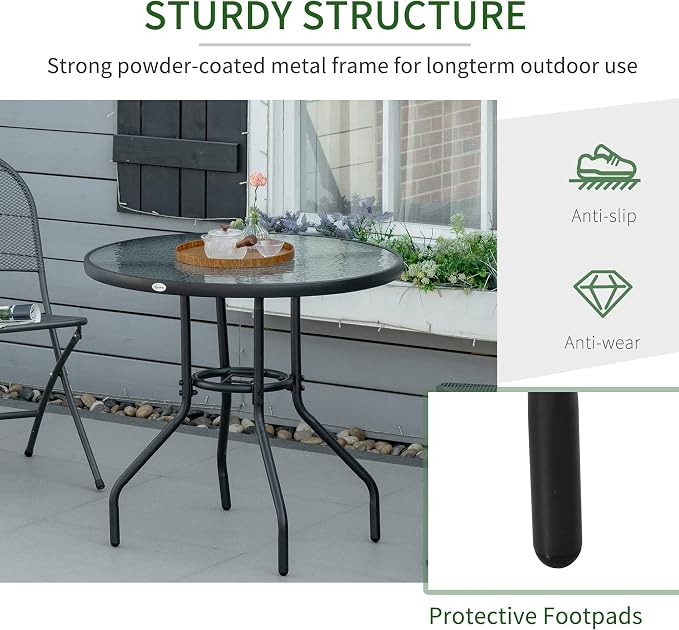 Outsunny 31.5" Round Outdoor Dining Table with Umbrella Hole, Patio Coffee End Side Bistro Table with Tempered Glass Top, Steel Frame for Backyard, Garden, Black