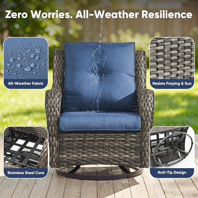Belord 6 Piece Wicker Patio Furniture Set, Outdoor Swivel Rocker Chairs Set of 2 with Ottomans and Loveseat, All Weather Patio Conversation Furniture Set, for Pool,Yard,SunroomGray Wicker/Blue