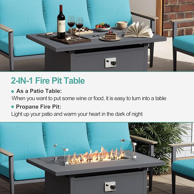 Aluminum Outdoor Patio Furniture Set with Swivel Rocking Chairs 5-Piece, Patio Sectional Sofa Patio Conversation Set with 55,000 BTU Fire Pit Table High Backrest & Thickened Cushions, Turquoise