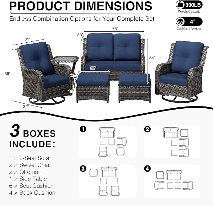 Joyside 6 Piece Wicker Patio Furniture Set, Outdoor Swivel Rocker Patio Chairs with High Back, Deep Seating, Wide Armrest, Thickened Cushions, Outdoor Furniture for Deck, Porch Use