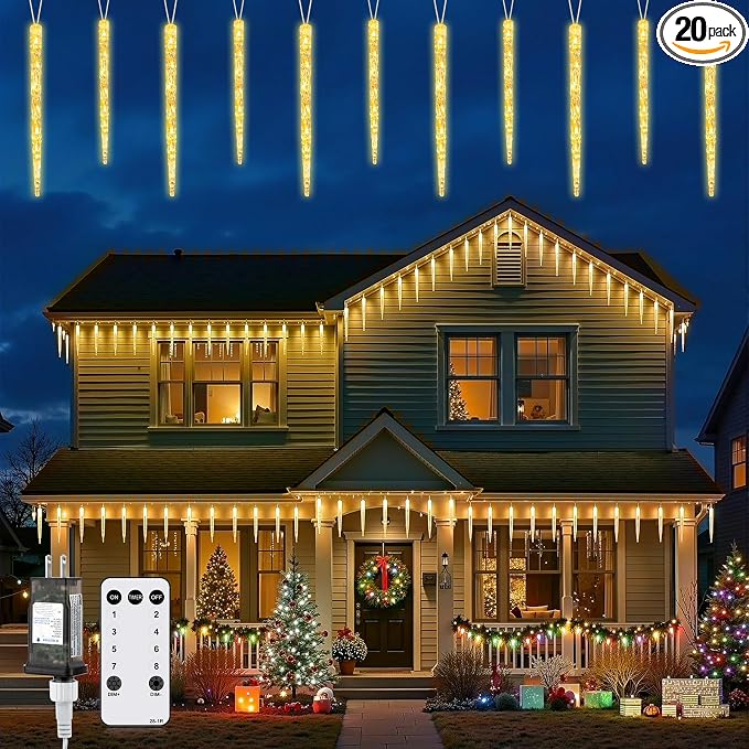 Brightown Icicle Lights Outdoor with Remote, 20ft 20 Tubes 100 LED Ice Shape String Lights, Connectable Hanging Christmas Decoration Lights for Tree Patio Roof Holiday Decor, Warm White