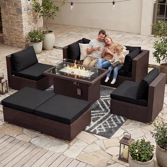 BULEXYARD 7 Pcs High Back Patio Furniture Set with Fire Pit Table Propane/Natural Gas Dual Fuel, Heavy Duty Outdoor Sectional Couch, Comfy Backyard Seating for Exterior, Brown Wicker & Black Cushion