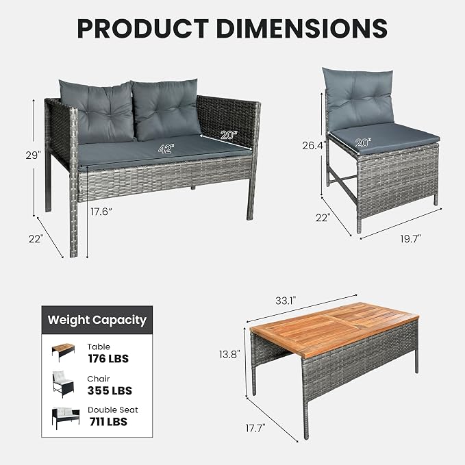 GIANGSUNNY 4 Piece Patio Furniture Set with Acacia Wood Table, Outdoor Hand-Woven Wicker Rattan Conversation Set, Weather-Resistant Seating for Patio, Balcony, Porch, Garden (Grey)