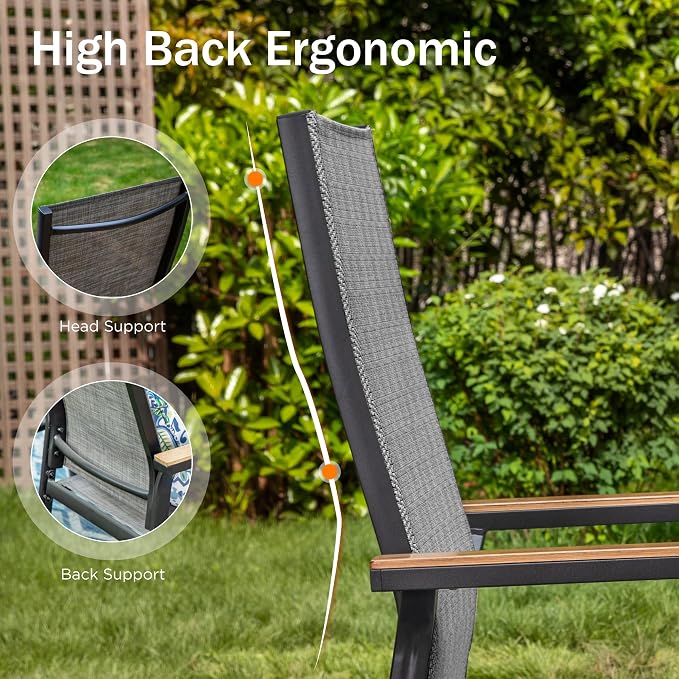 PHI VILLA Outdoor Dining Set for 8 w/Square Table & Aluminum Chairs, Grey | Stackbale chairs, Breathable & quick-drying sling, Light-weight & space-saving, Metal Table, Umbrella Hole, Patio deck