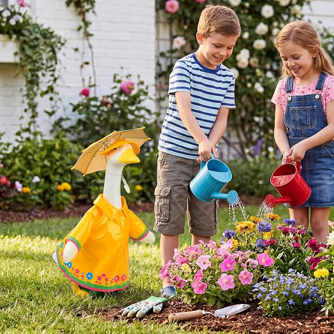 Raincoat Goose Outfits Porch Goose Spring Outfit Goose Printed Raincoat Clothes with Umbrella Hat Fits 23" Geese Statue for Spring Summer Garden Lawn Patio Yard Outdoor Decor (Yellow)