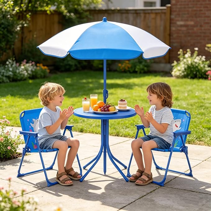 KOTEK Kids Picnic Table with Umbrella, Outdoor Table & 2 Folding Chairs, Cute Pattern Children’s Patio Furniture, Portable Kids Table and Chair Set for Backyard, Garden, Beach (Blue Ocean)