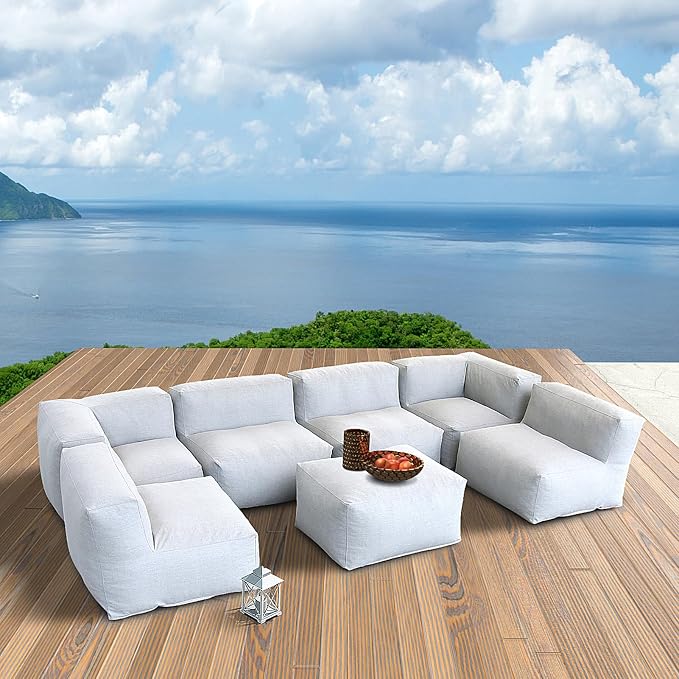 Patio Furniture Set Bean Bag Outdoor Chairs Sectional Conversation Patio Set Daybed Furniture Outdoor Sofa Couch High Density Foam Filling Modern Comfy Patio Couch (Light Gray), A01-7G