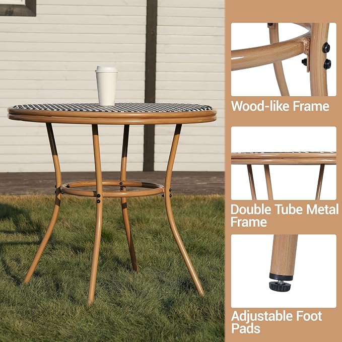 31" Round Outdoor Bistro Table, All-Weather PE Rattan Patio Side Table w/Sturdy Metal Frame & Adjustable Foot Pads, Wicker Dining Table for Poolside Backyard Garden Balcony, Black/White