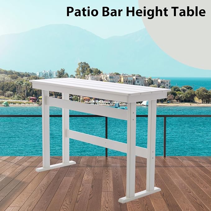 HDPE Outdoor Bar Height Table,54" Rectangular Patio Table, All-Weather Design for Bistro/Garden/Poolside (White)
