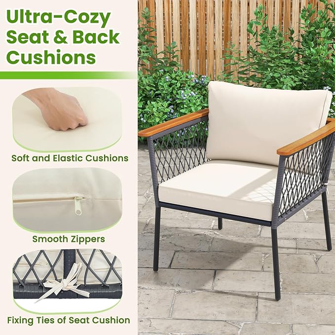 Tangkula 4 Piece Patio Furniture Set, Patiojoy Rattan Chair Set w/ 2-Tier Coffee Table, Acacia Wood Armrests & Tabletop, Soft Seat & Back Cushions, Outdoor Wicker Conversation Set